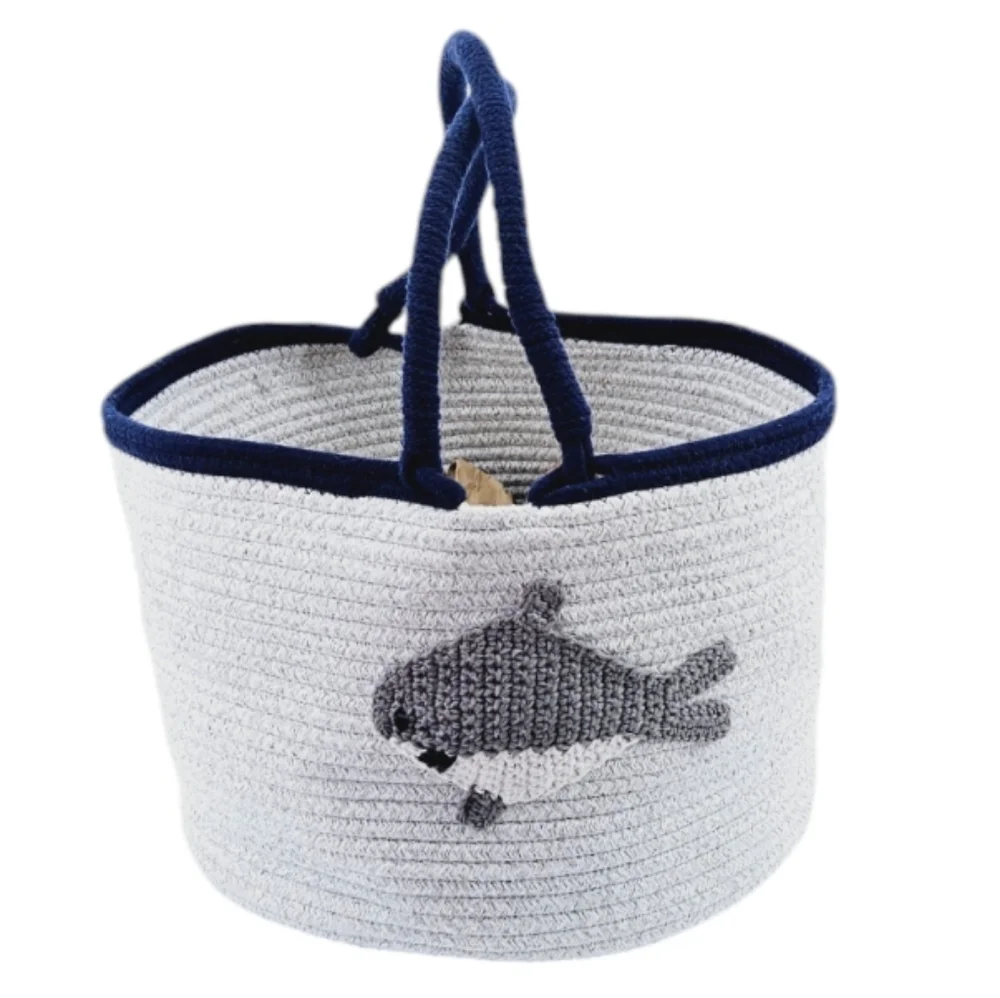 Woven Cotton Rope Shark Basket Tote Beach Bag Toy Storage Coastal